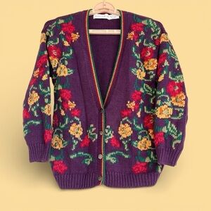 Vtg Robert Scott Floral Knit Cardigan M Purple Rose Garden Cottagecore Sweater